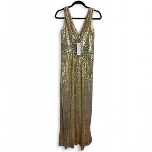 Kate Kasin Bright Gold Sequin Maxi Gown XS Elegant Formal Evening Dress Deep V